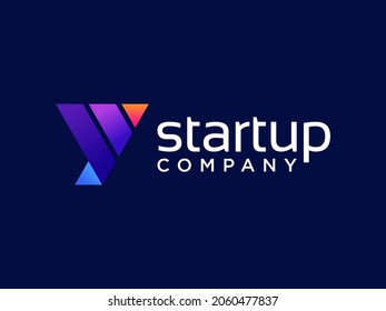 Abstract Initial Letter Y and V Linked Logo. White Geometric Shape Origami Style isolated on Blue Background. Usable for Business and Branding Logos. Flat Vector Logo Design Template Element.