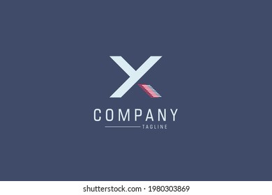 Resumen de la letra inicial Y y el logotipo vinculado a X. Estilo de flecha de formas geométricas blancas y rojas aisladas en fondo azul. Usable para logotipos de empresas y marcas. Elemento de plantilla de diseño de logotipo de vectores planos.
