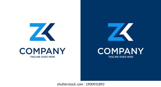 Abstract Initial Letter Z and K Linked Logo. with blue color isolated on white and dark Background. Usable for Business and Branding Logos. Flat Vector Logo Design Template Element.