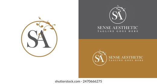 Abstract initial letters SA or AS logo in grey-gold color isolated on multiple background colors. The logo is suitable for medical spa business logo design illustration inspiration templates.