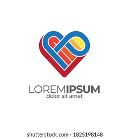 Abstract initial logo of letters A and P in love shape. Full color heart symbol. Flat Vector Logo Design Template Elements.