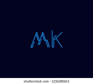 Abstract Initial MK Letter with Flat Linear Neon Style Retro Logotype