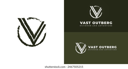 Abstrakter Retro-Buchstabe VO oder OV-Logo in tiefgrüner Farbe isoliert auf mehreren Hintergrundfarben. Das Logo eignet sich für Outdoor Adventure Store Logo Design Inspiration Vorlagen.