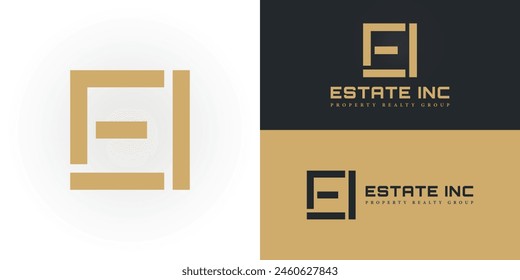 Abstract initial square letter EI or IE logo in luxury gold color isolated on multiple background colors. The logo is suitable for property realty group company logo design inspiration templates.