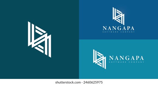 Abstract initial strip letter NA or AN logo in solid white color isolated on multiple blue background colors. The logo is suitable for software technology company logo design inspiration templates.