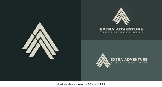 Abstract initial triangle letter EA or AE logo in soft gold color isolated on multiple background colors. The logo is suitable for adventure gear logo design inspiration templates.