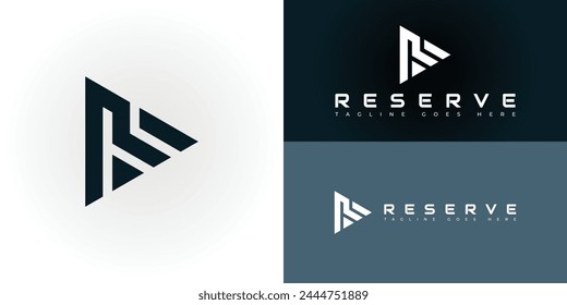 abstract initial triangle letter ER or RE logo in deep blue color isolated on multiple blue and white background colors. The logo is suitable for a sports apparel logo design inspiration template