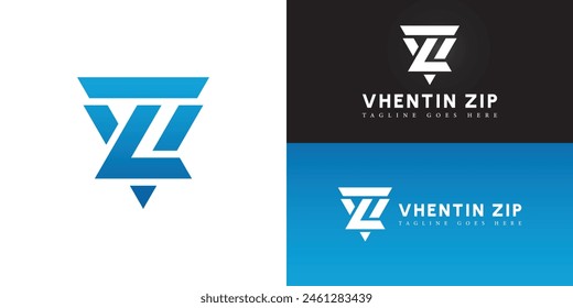Abstract initial triangle letter VZ or ZV logo in blue color isolated on multiple background colors. The logo is suitable for technology solution provider brand logo design inspiration templates.