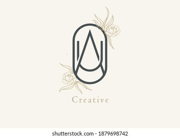 Abstract Initial A and U Logo, Monogram with floral frame, usable for brand, card and invitation, logo design template element,vector illustration