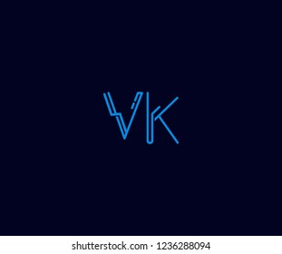 Abstract Initial VK Letter with Flat Linear Neon Style Retro Logotype