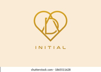 Abstract initials  A and D logo, gold colour line style heart and letter combination, usable for brand, card and invitation, logo design template element,vector illustration