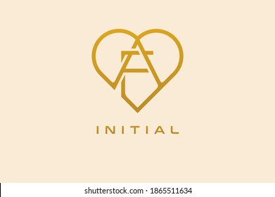 Abstract initials  A and F logo, gold colour line style heart and letter combination, usable for brand, card and invitation, logo design template element,vector illustration