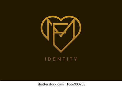 Abstract initials F and M logo, gold colour line style heart and letter combination, usable for brand, card and invitation, logo design template element,vector illustration