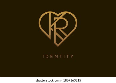 Abstract initials K and R logo, gold colour line style heart and letter combination, usable for brand, card and invitation, logo design template element,vector illustration