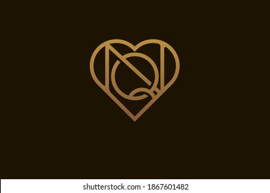 Abstract initials N and Q logo, gold colour line style heart and letter combination, usable for brand, card and invitation, logo design template element,vector illustration
