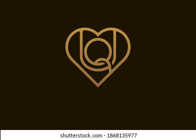 Abstract initials Q and U logo, gold colour line style heart and letter combination, usable for brand, card and invitation, logo design template element,vector illustration