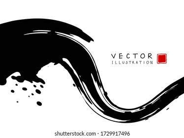 Abstract ink background. Chinese japanese calligraphy art style, Black paint stroke texture on white paper. Design for poster, card, banner, book, cover, brochure and web design. Vector illustration.