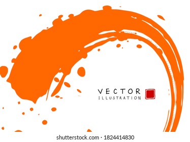 Abstract ink background. Chinese japanese calligraphy art style, orange paint stroke texture on white paper. Design for poster, card, banner, book, cover, brochure and web design. Vector illustration.