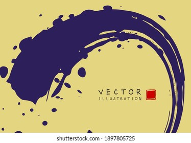 Abstract ink background. Chinese japanese calligraphy art style, purple paint stroke texture on yellow paper. Design for poster, card, banner, book, cover, brochure and web design. Vector illustration