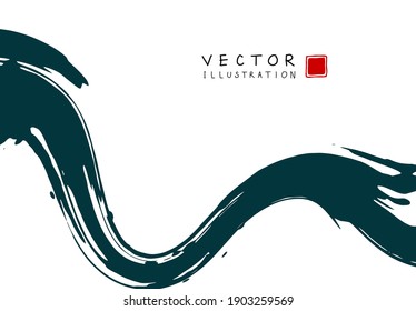 Abstract ink background. Chinese japanese calligraphy art style, green paint stroke texture on white paper. Design for poster, card, banner, book, cover, brochure and web design. Vector illustration.