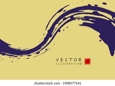 Fondo de la tinta abstracta. Estilo de arte caligráfico japonés chino, textura de pinta violeta sobre papel amarillo. Diseño de afiches, tarjetas, banners, libros, portadas, folletos y diseño web. Vector 