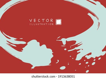 Abstract ink background. Chinese japanese calligraphy art style, blue paint stroke texture on red paper. Design for poster, card, banner, book, cover, brochure and web design. Vector illustration.