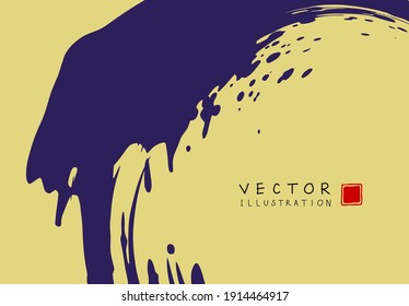 Abstract ink background. Chinese japanese calligraphy art style, purple paint stroke texture on yellow paper. Design for poster, card, banner, book, cover, brochure and web design. Vector.
