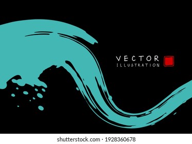 Abstract ink background. Chinese japanese calligraphy art style, cyan paint stroke texture on black paper. Design for poster, card, banner, book, cover, brochure and web design. Vector illustration.