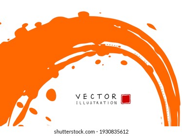 Abstract ink background. Chinese japanese calligraphy art style, orange paint stroke texture on white paper. Design for poster, card, banner, book, cover, brochure and web design. Vector illustration.