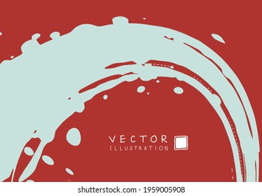 Abstract ink background. Chinese japanese calligraphy art style, blue paint stroke texture on red paper. Design for poster, card, banner, book, cover, brochure and web design. Vector illustration.
