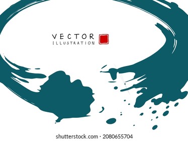 Abstract ink background. Chinese japanese calligraphy art style, green paint stroke texture on white paper. Design for poster, card, banner, book, cover, brochure and web design. Vector illustration.