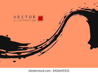 Abstract ink background. Chinese japanese calligraphy art style, black paint stroke texture on coral paper. Design for poster, card, banner, book, cover, brochure and web design. Vector illustration.