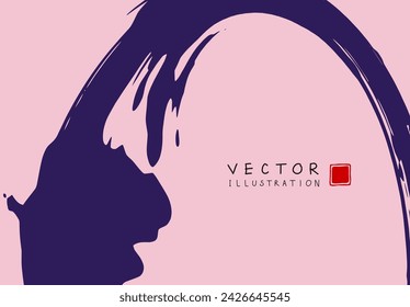 Abstract ink background. Chinese japanese calligraphy art style, purple paint stroke texture on pink paper. Design for poster, card, banner, book, cover, brochure and web design. Vector illustration.