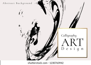 Abstract Ink Background.Chinese Calligraphy Art Style, Black Paint Stroke Texture On White Paper. For Poster, Card, Banner, Book, Cover, Brochure And Web Design. Grunge Mud Art. Vector Elements.