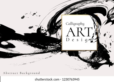 Abstract Ink Background.Chinese Calligraphy Art Style, Black Paint Stroke Texture On White Paper. For Poster, Card, Banner, Book, Cover, Brochure And Web Design. Grunge Mud Art. Vector Elements.