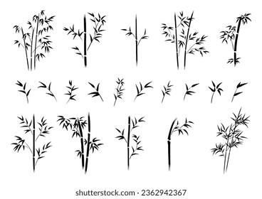 Abstract ink bamboo set, simple minimalist branches and leaves vector illustration, tree brush painted line art collection