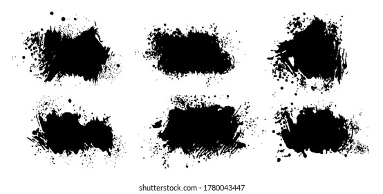 Tinta abstracta negra de manchas o salpicaduras de pintura negra y salpicaduras de tinta líquida.  Conjunto de plantillas de bandeja. Bordear el fondo de la ilustración vectorial.