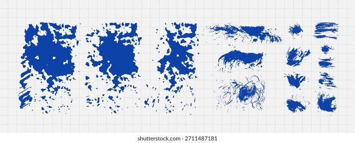 Conjunto de manchas de tinta Abstractas, arte grunge. Textura de trazo de pintura azul en estilo garabato. Vector dibujado a mano ilustración aislada sobre fondo de cuaderno