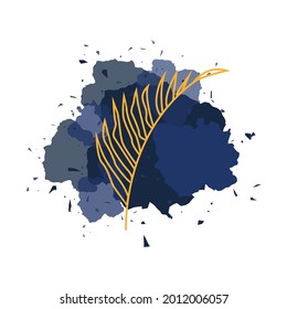 Abstract ink blot with branch and leaf. Spot with a decorative design element. Shrub on a watercolor effect background with transparency. Contemporary art for interior or print. Vector illustration