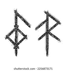 Resumen de manchas de tinta gruesas pinceles de textura con siluetas de huecos de unión de viking. Diseño de bindrunes escandinavos para diferentes patrones y antecedentes