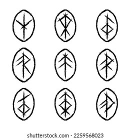 Abstract ink blots grunge texture brushes with viking bind runes silhouettes. Scandinavian bindrunes design for different patterns and background