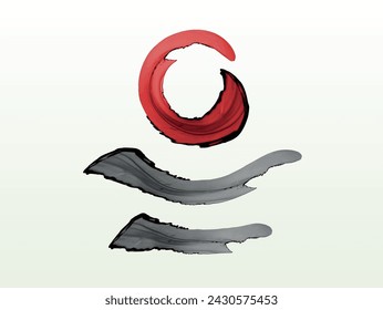 Abstract ink brush drawing in Japanese, oriental motif. Isolated geometric symbol made from paint strokes. Brush included. Graphic design element in minimalist style. Vector illustration.