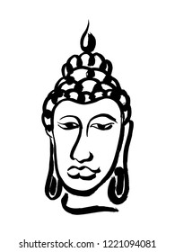 Abstract ink brush hand drawn calligraphy Buddha head. Black isolated buddhism god face on white background
