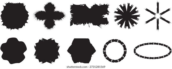 Colección de Formas de pincel de tinta Abstractas: marcos circulares Grunge, manchas orgánicas y salpicaduras de pintura