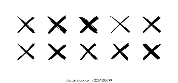 Abstract ink brush stroke collection bundle elements. Grunge cross line vector illustration.