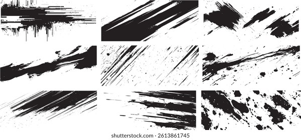 Abstract Ink Brush Stroke and Splatter Texture Set, Grunge Paint Smear Vector Elements