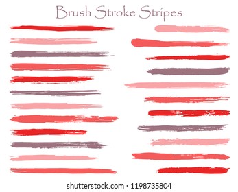 Abstract ink brush stroke stripes vector set, red pink marker or paintbrush lines patch. Hand drawn watercolor paint brushes, smudge strokes collection. Interior paint color palette swatches.
