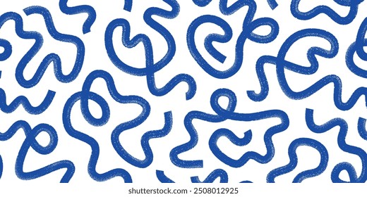 Abstract ink brush waves, squiggles, strokes vector seamless pattern. Blue swirls, scribbles background.