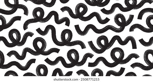 Abstract ink brush waves, squiggles, strokes vector seamless pattern. Modern curly lines banner, poster, background.