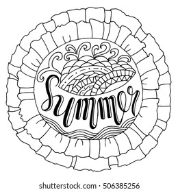 Abstract ink coloring sun with doodle elements and lettering summer. Hand drawn coloring page isolated on white background.